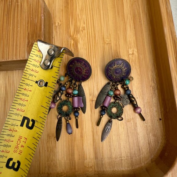 VTG Multicolor Beaded Textured Sun Dangle Drop Earrings Brass Tone Hippie Boho - Picture 4 of 4
